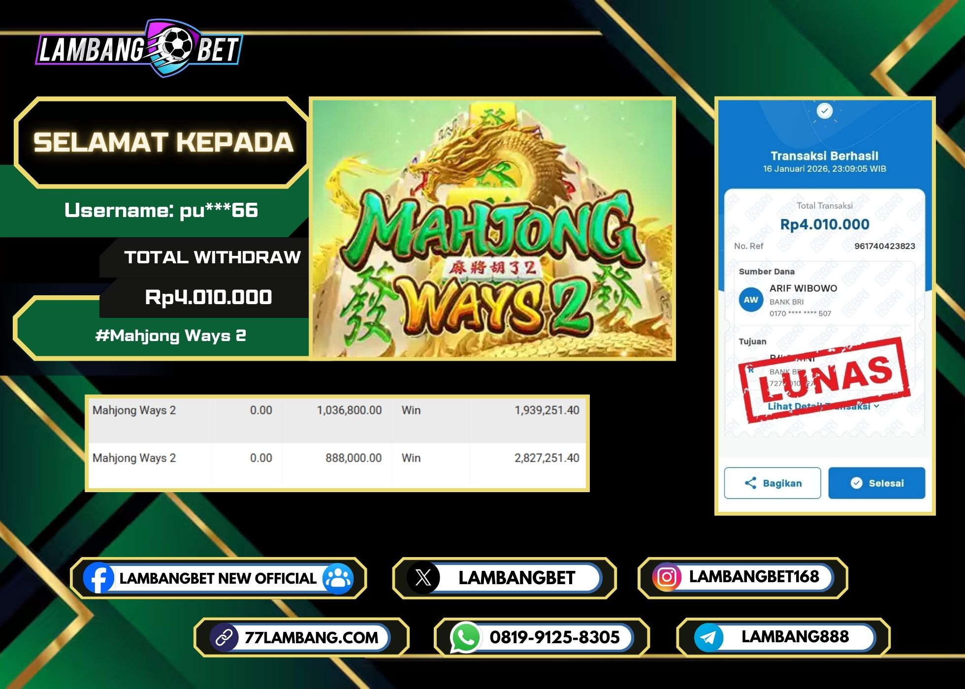 LAMBANGBET [16 JANUARI 2026] JACKPOT SLOT Mahjong Ways 2 "Rp4.010.000" LUNAS